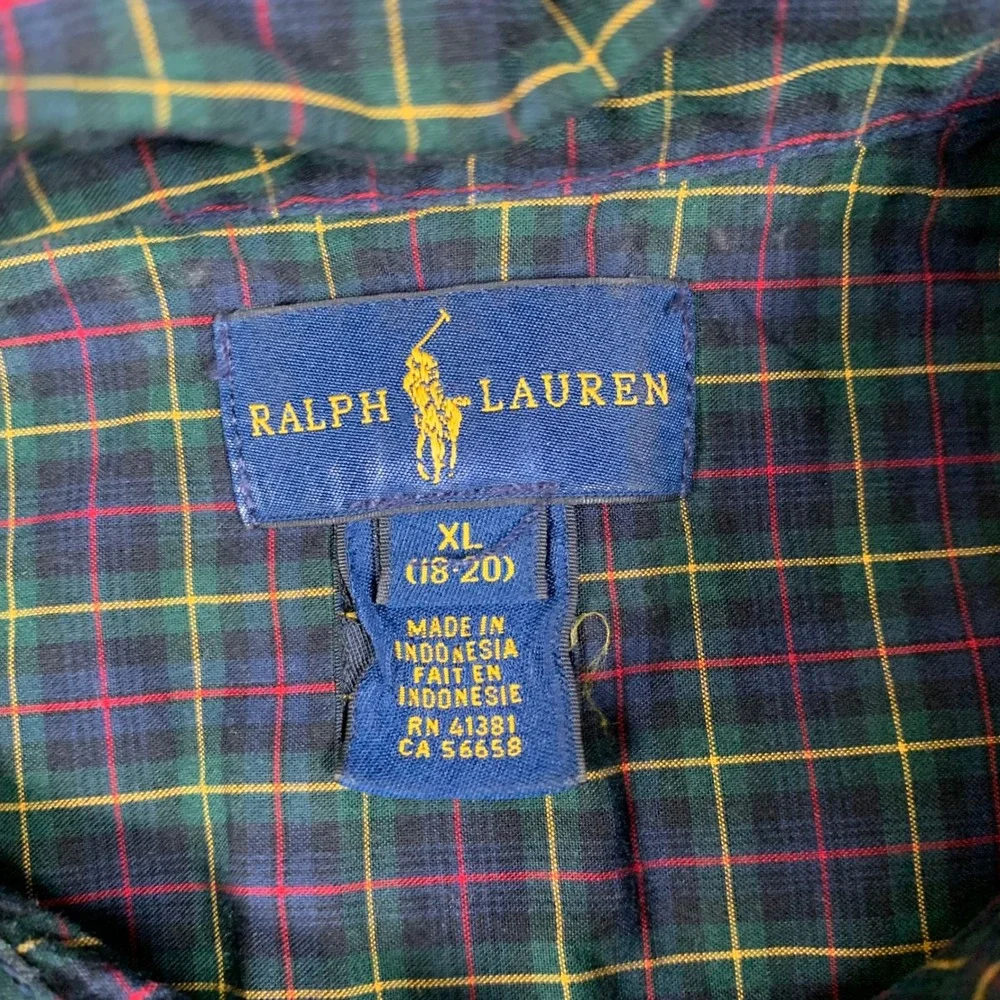 Ralph Lauren Button Down Shirt Boys XL Green Plaid Long Sleeve Pony Logo